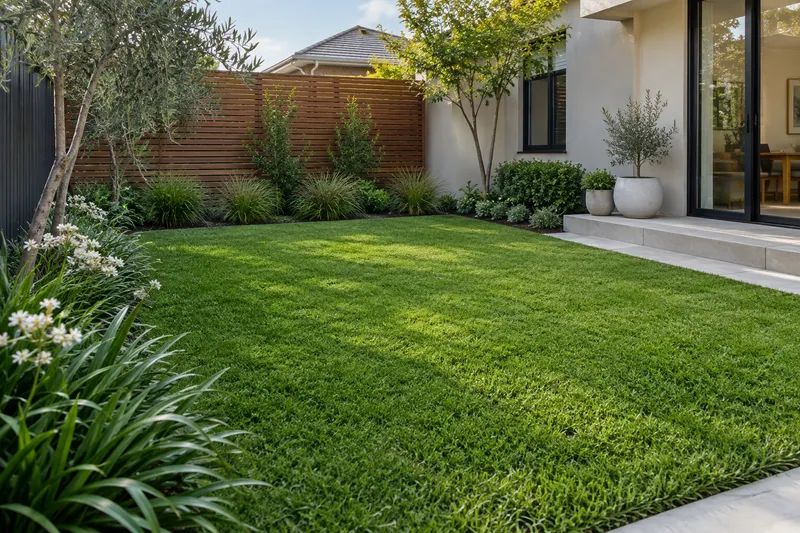 Tidy backyard lawn bordered by shrubs and a timber fence