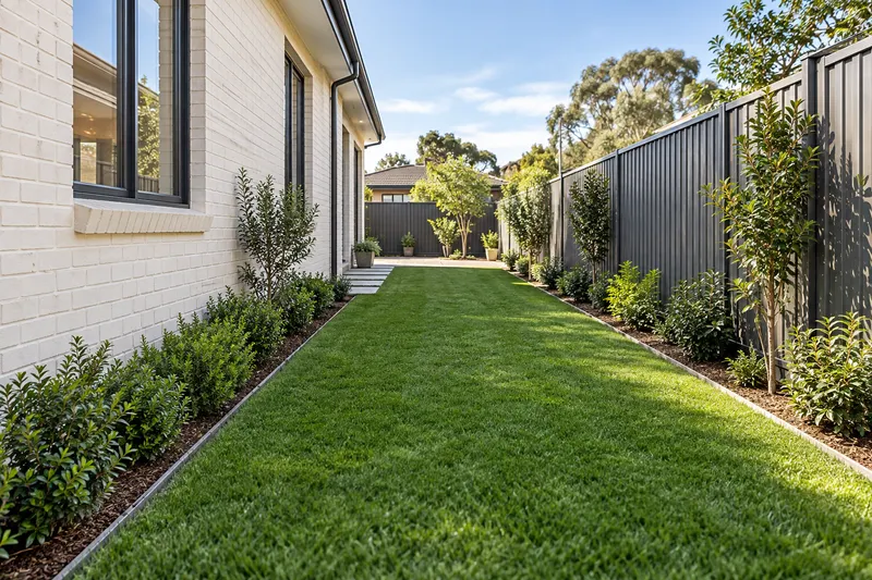 Narrow side garden with a lawn and planted beds