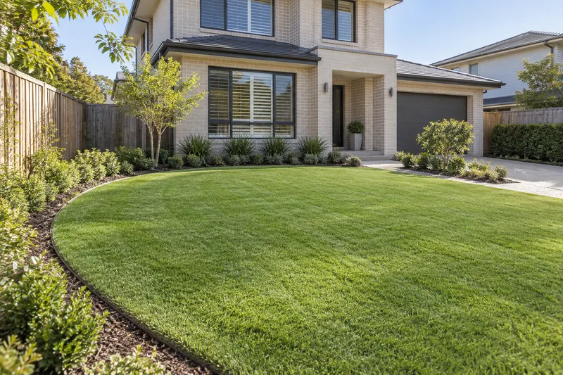 Rounded lawn bordered by a garden bed and curved path